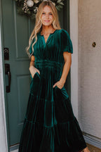 Red Dahlia Velvet Short Sleeve Shirred Waist Tiered Maxi Dress
