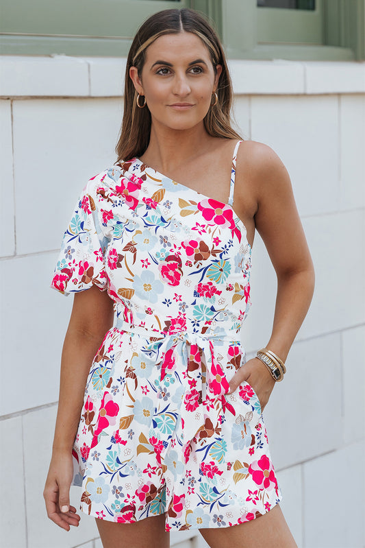 Floral Single Bubble Sleeve Slant Shoulder Romper