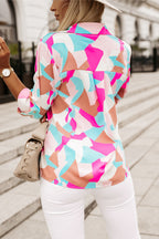 Pink Geometric Block Printed Roll Tab Sleeve Shirt