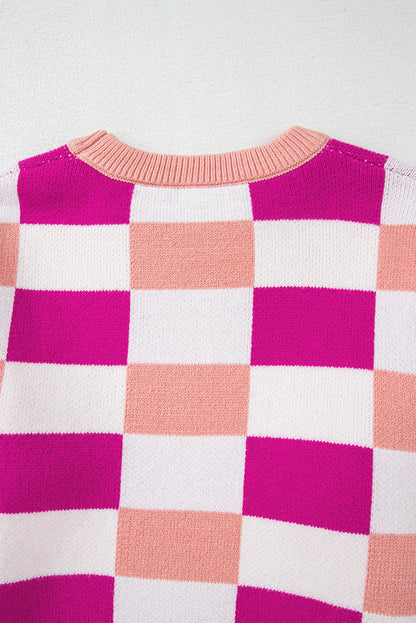 Khaki Checkered Ribbed Edge O Neck Drop Shoulder Sweater