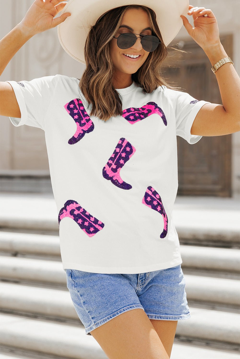 White Sequin Western Boots Round Neck T Shirt