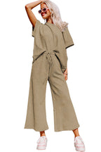 Gray Textured Loose Fit T Shirt and Drawstring Pants Set