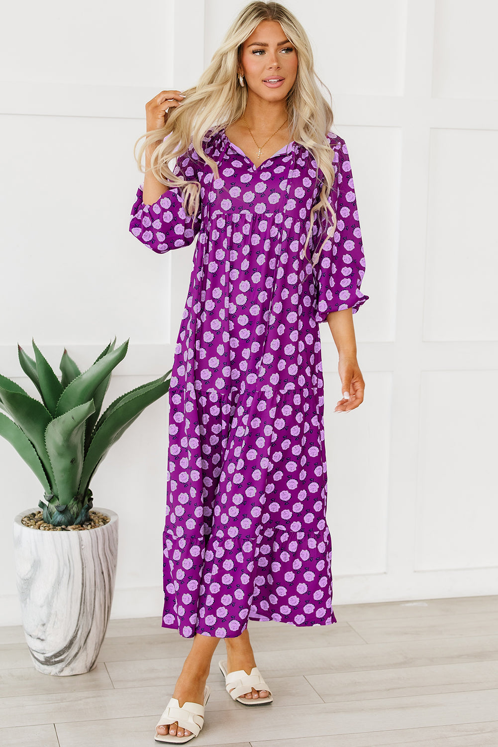 Purple Boho Printed Puff Sleeve Maxi Dress