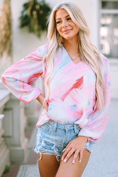 Pink Abstract Print Balloon Sleeve V-Neck Blouse
