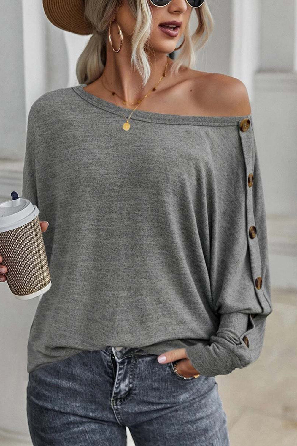 Khaki Solid Color Button Decor Dolman Sleeve Top