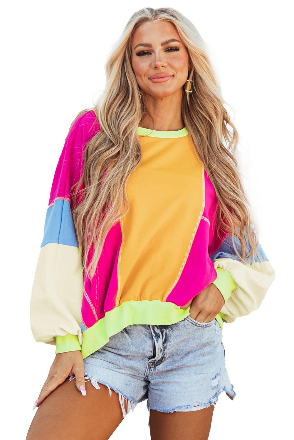 Grapefruit Orange Colorblock Patchwork Exposed Stitching Oversize Top
