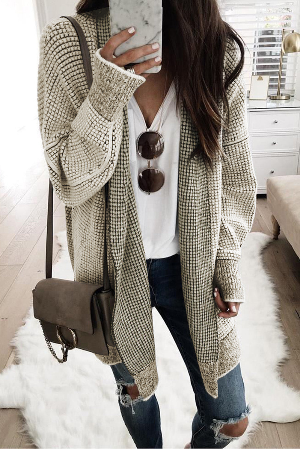 Black Plaid Knitted Long Open Front Cardigan