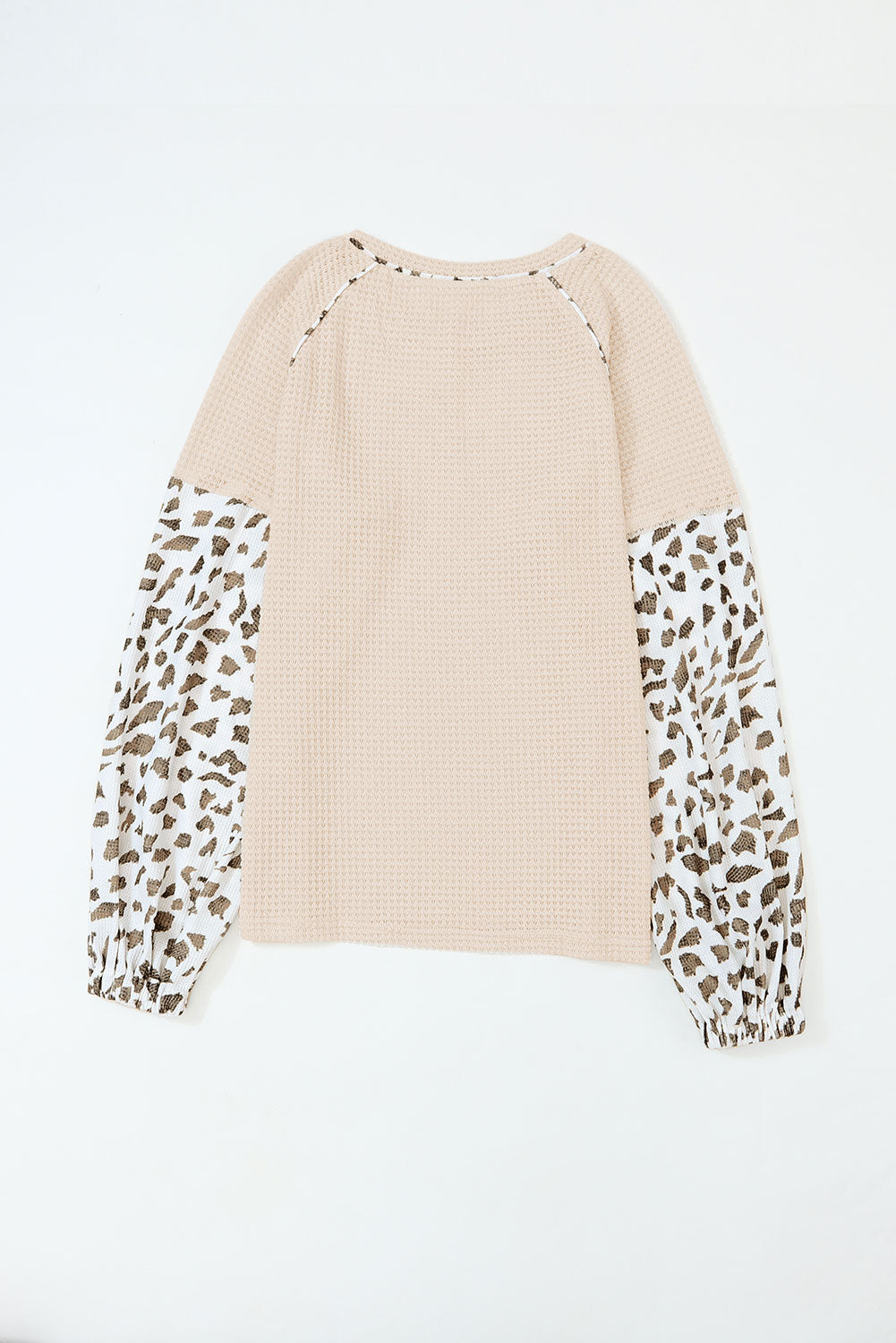 Apricot Leopard Print Patchwork Lantern Sleeve Waffle Knit Top