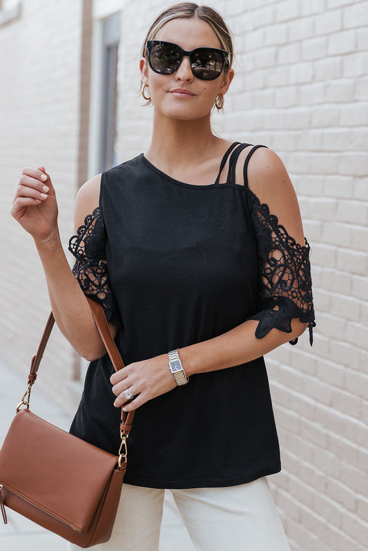 Lace Splicing Strappy Cold Shoulder Top