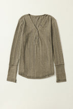 Jungle Green V Neck Buttoned Ribbed Knit Top
