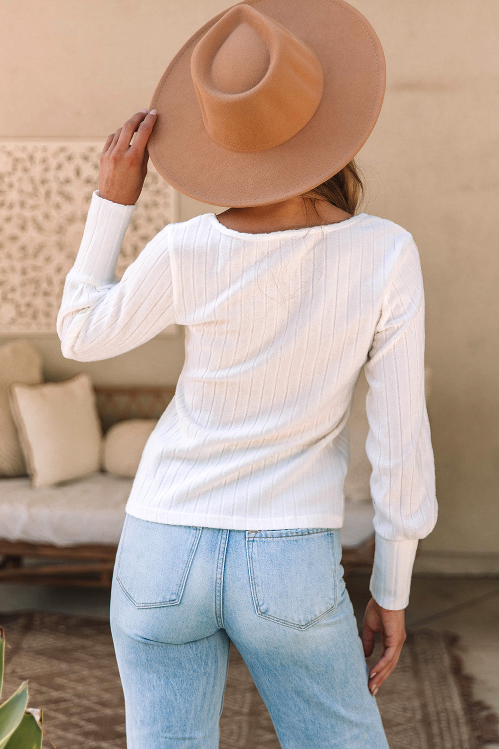 White Ribbed Bishop Sleeve Round Neck Top
