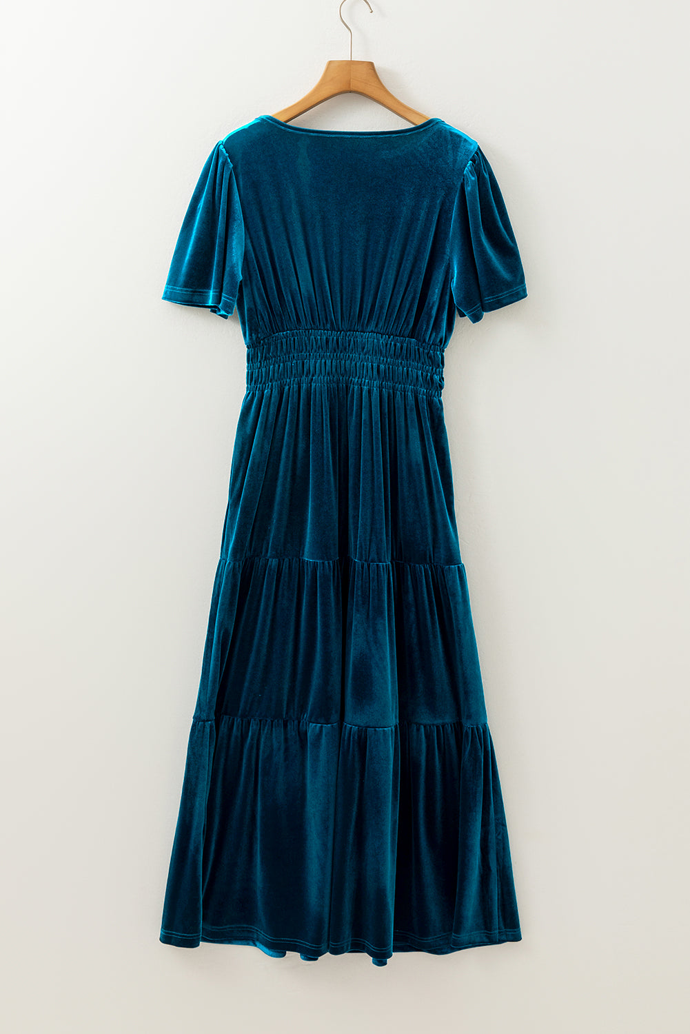 Red Dahlia Velvet Short Sleeve Shirred Waist Tiered Maxi Dress