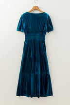 Red Dahlia Velvet Short Sleeve Shirred Waist Tiered Maxi Dress