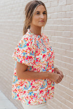 Multicolor Abstract Print Smocked Puff Sleeves Blouse