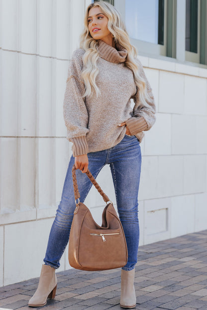 Khaki Contrast Ribbed Turtleneck Sweater