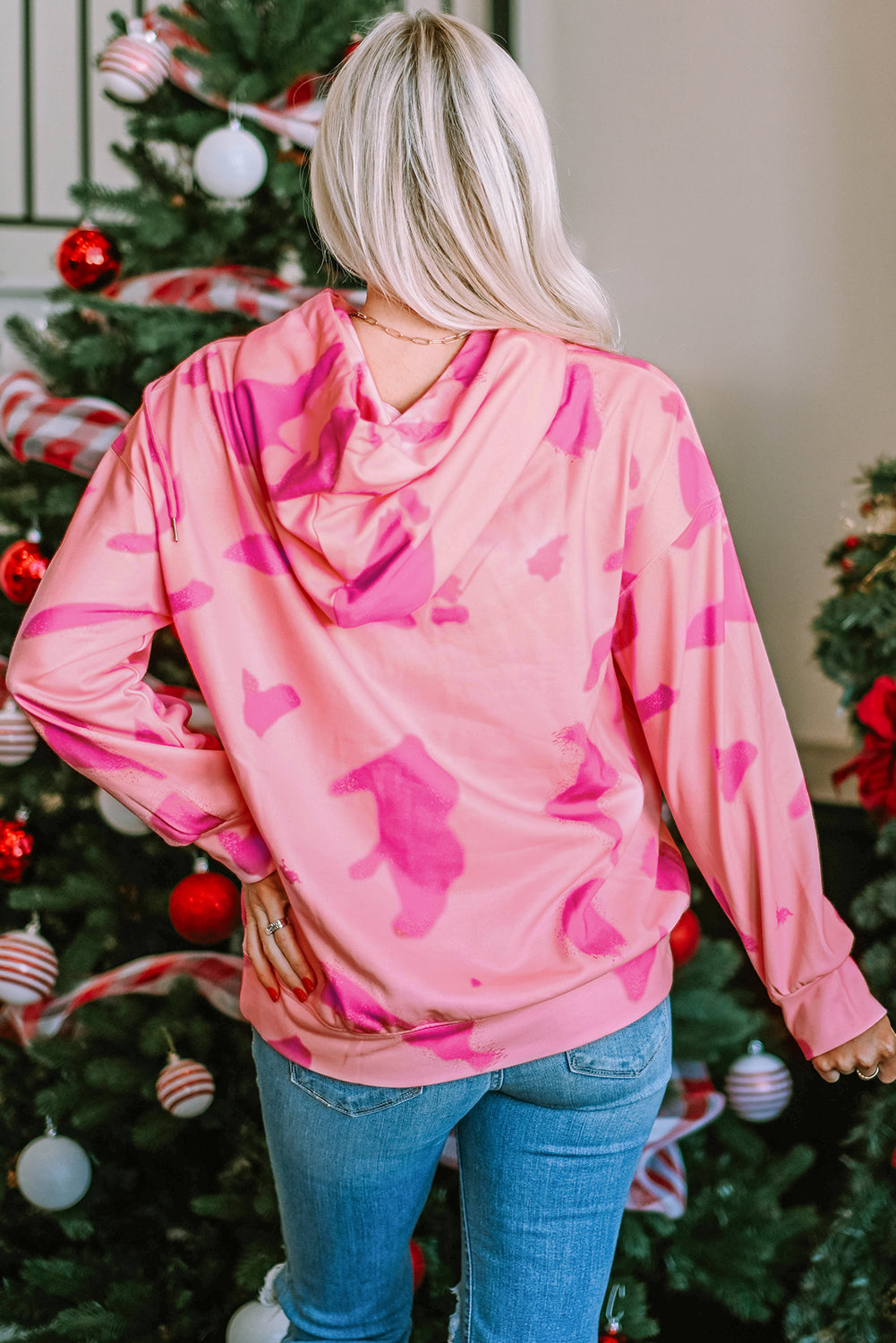 Peach Blossom Tie Dye Kangaroo Pocket Drawstring Hoodie
