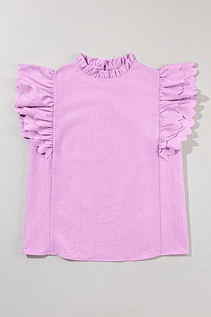Bright Pink Solid Color Scalloped Ruffle Sleeve Top
