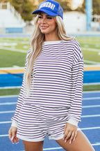 Black Stripe Textured 3/4 Sleeve Top and Shorts Set