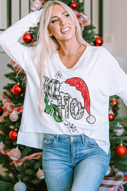 White HOHOHO Christmas Graphic Wide Rib Long Sleeve Top