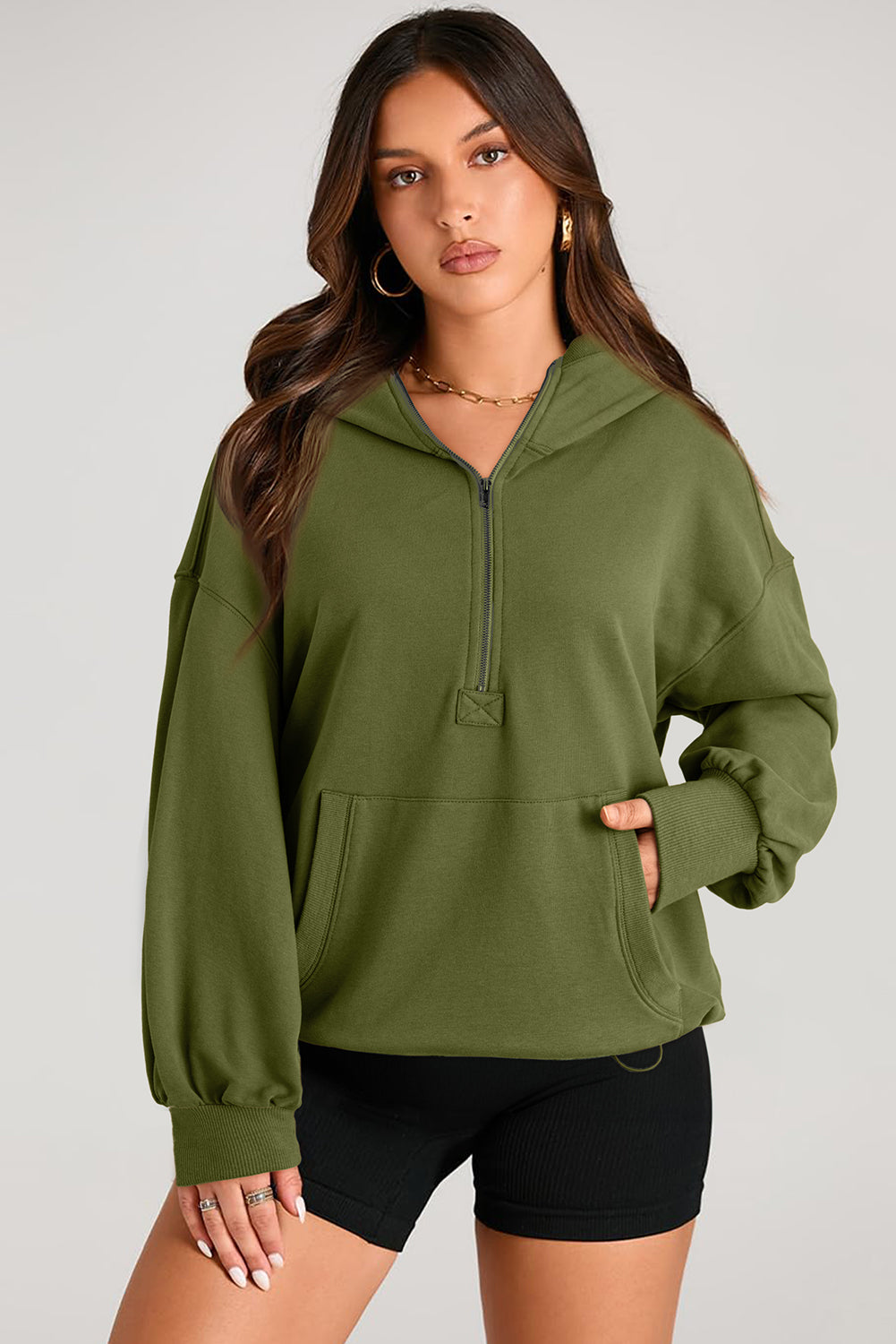 Parchment Solid Kangaroo Pocket Half Zipper Oversized Hoodie