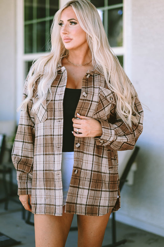 Brown Plaid Print Chest Pockets Shacket