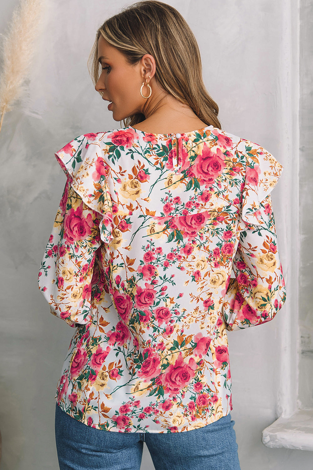 White Floral Printed Ruffle Trim Long Sleeve Blouse