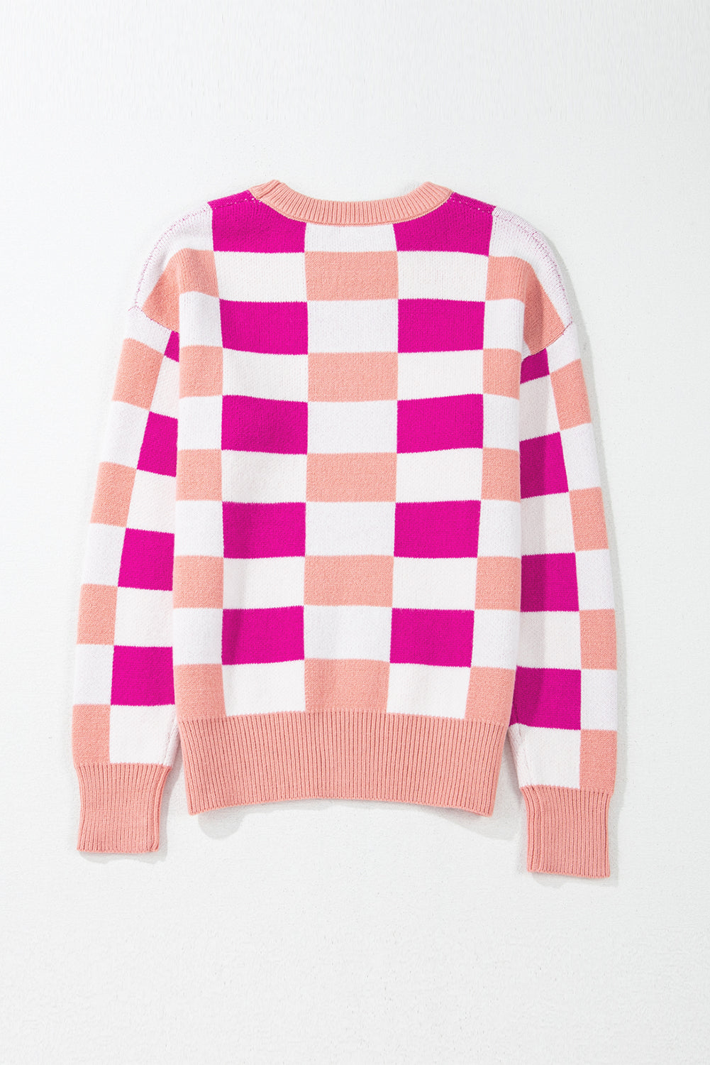 Khaki Checkered Ribbed Edge O Neck Drop Shoulder Sweater