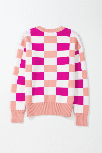 Khaki Checkered Ribbed Edge O Neck Drop Shoulder Sweater