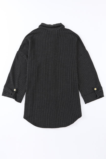 Pink Roll Tab Sleeve Ribbed Cording Shacket