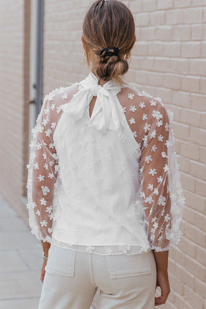 Mock Neck Floral Mesh Long Sleeve Top