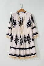 Beige Western Pattern Print Tasseled Notch V Neck Mini Dress