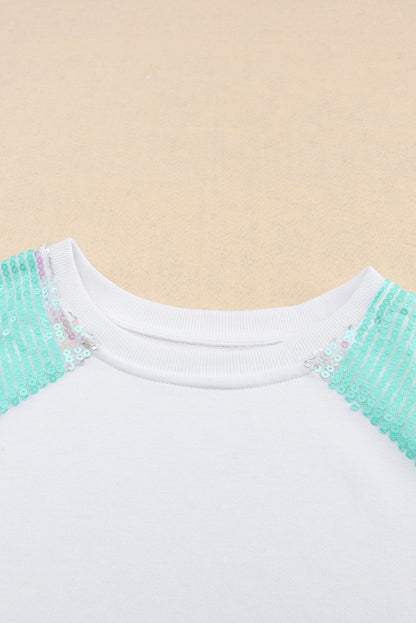 White Sequin Color Block Raglan Sleeve Pullover Sweatshirt