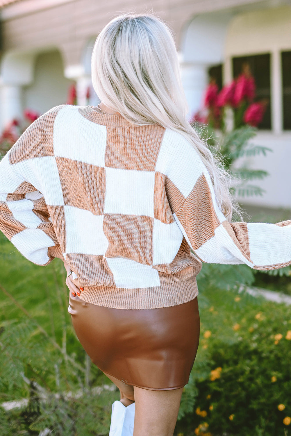 Checkered Ribbed Knit Puff Sleeve Sweater