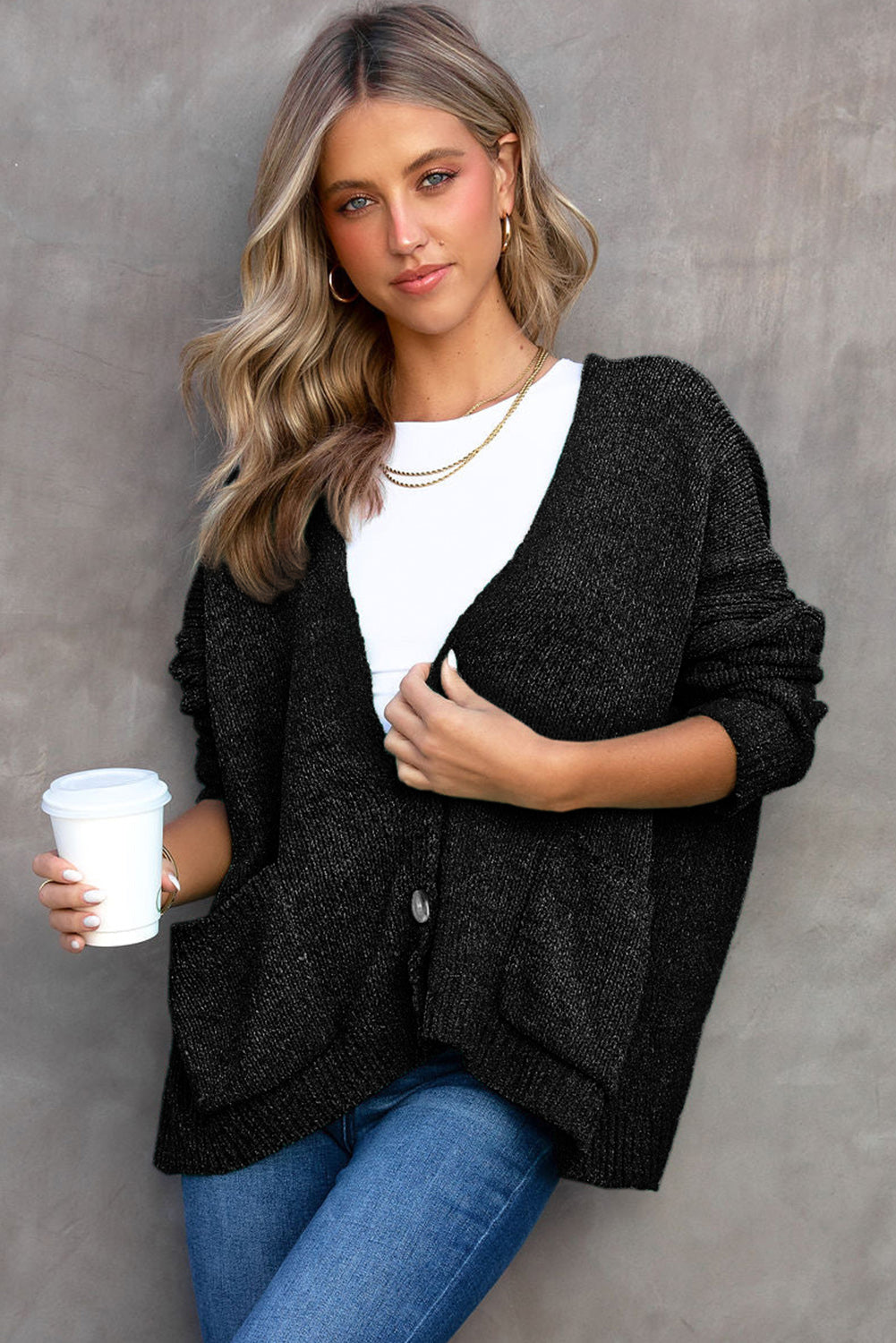 Gray Buttons Front Pocketed Sweater Cardigan