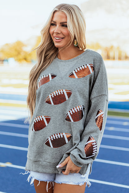 Medium Grey Sequin Rugby Pattern Drop Shoulder Pullover Sweatshirt