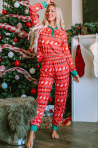 Fiery Red Christmas Print Henley Top Pajama Set