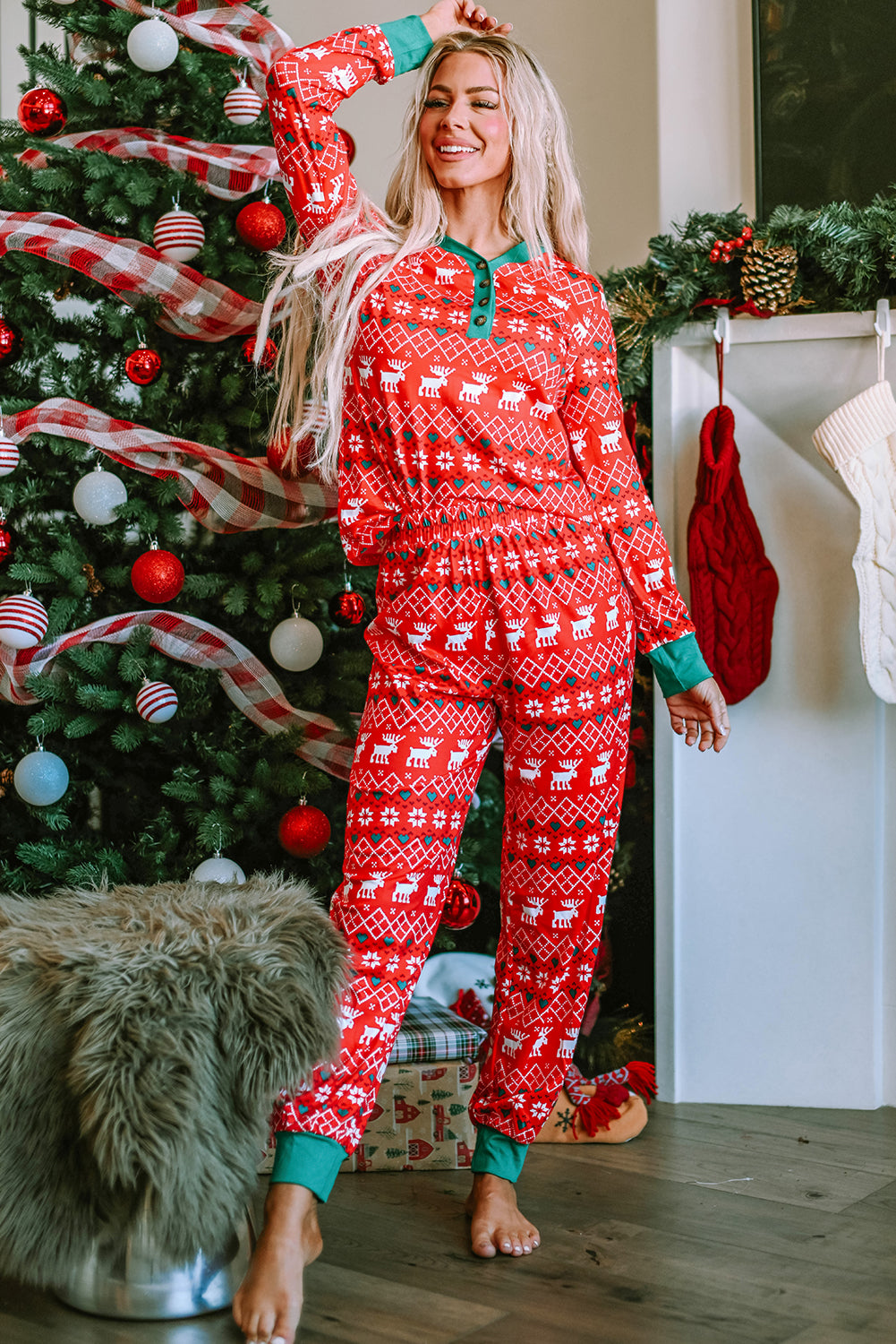 Fiery Red Christmas Print Henley Top Pajama Set