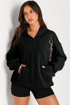 Parchment Solid Kangaroo Pocket Half Zipper Oversized Hoodie