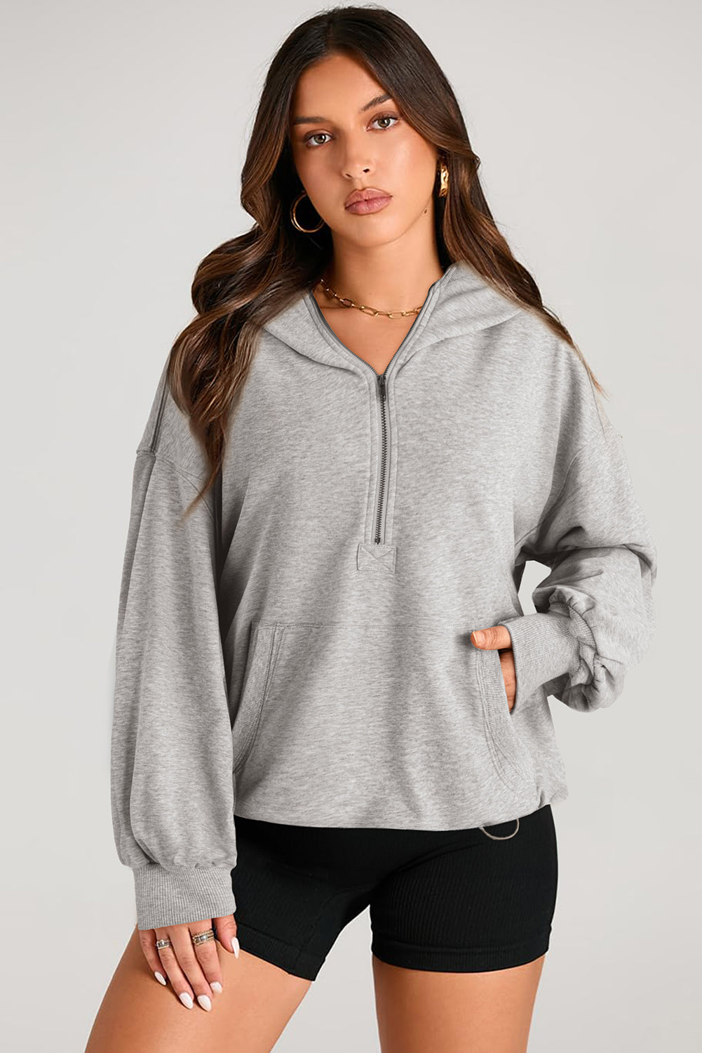 Parchment Solid Kangaroo Pocket Half Zipper Oversized Hoodie