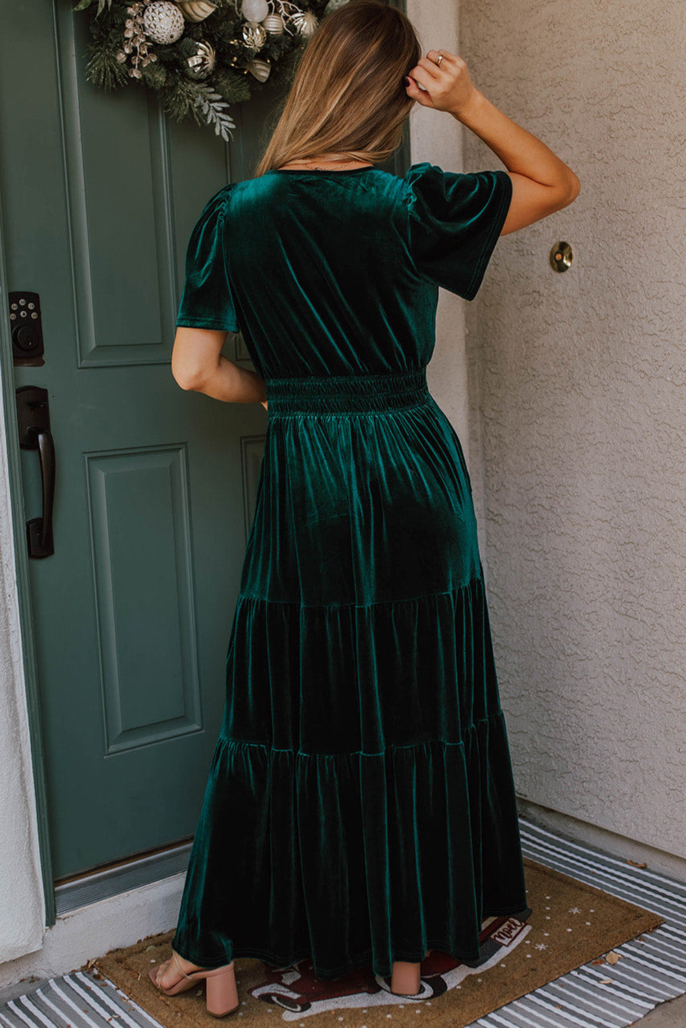 Red Dahlia Velvet Short Sleeve Shirred Waist Tiered Maxi Dress
