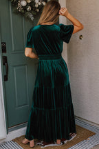 Red Dahlia Velvet Short Sleeve Shirred Waist Tiered Maxi Dress