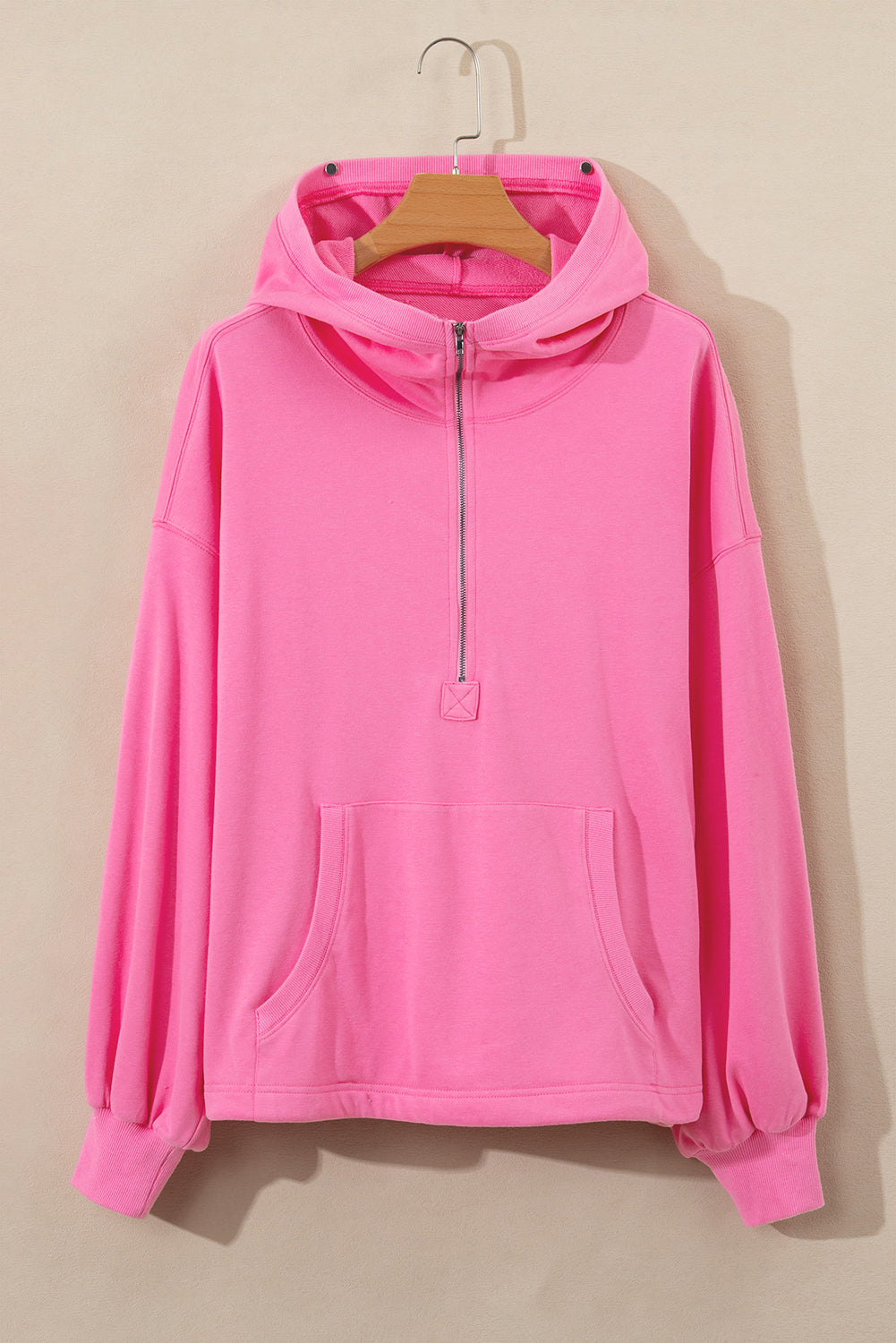 Parchment Solid Kangaroo Pocket Half Zipper Oversized Hoodie