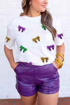 Black Mardi Gras Sequin Bow Knot Crew Neck T Shirt