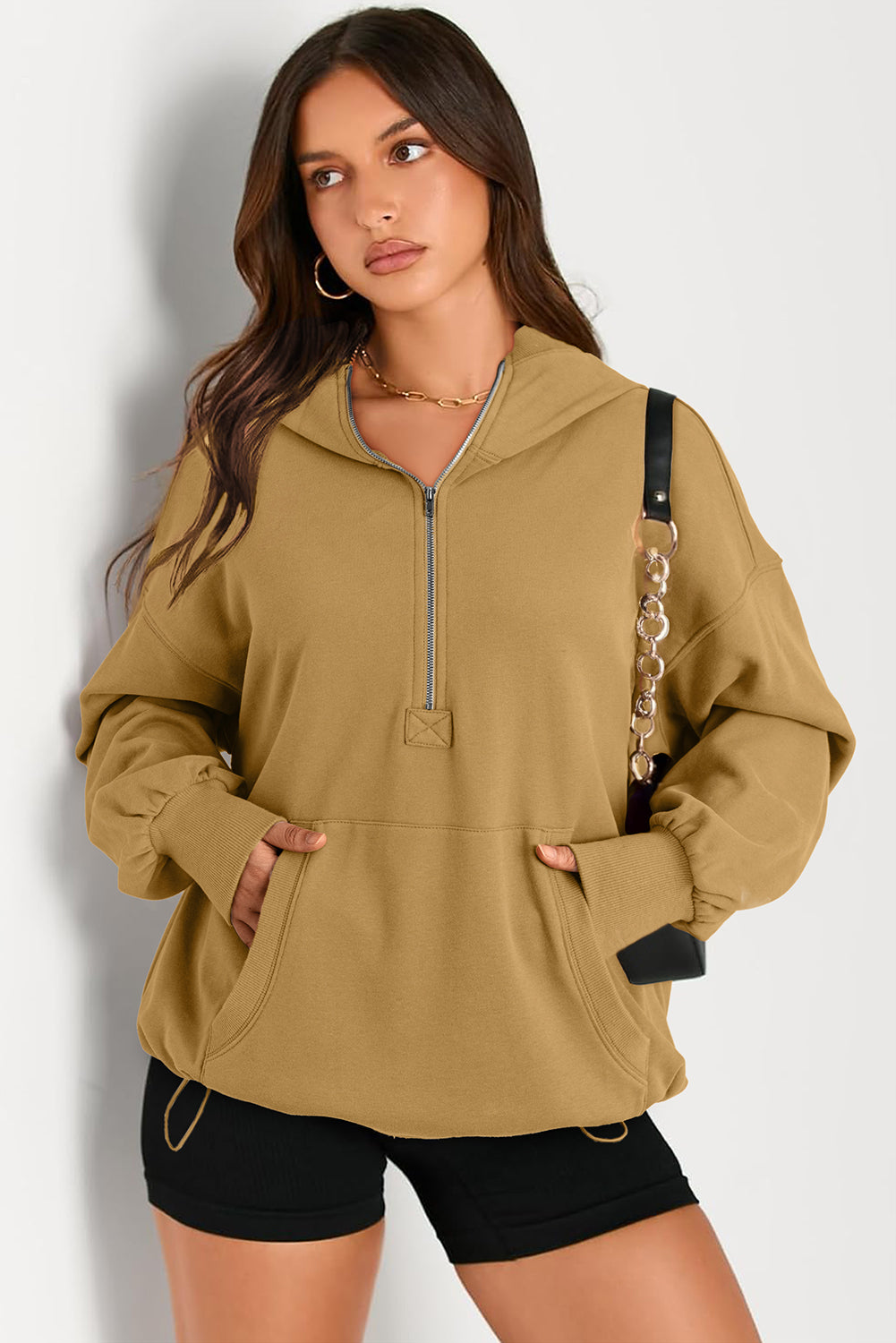 Parchment Solid Kangaroo Pocket Half Zipper Oversized Hoodie