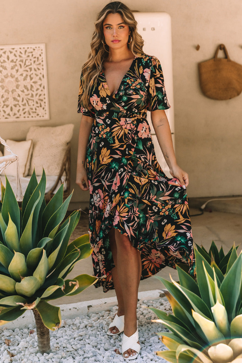 Floral Print Knotted Wrapped V Neck Maxi Dress