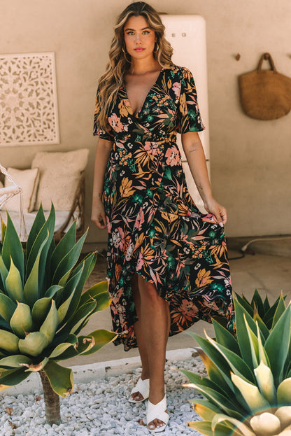 Floral Print Knotted Wrapped V Neck Maxi Dress