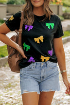 Black Mardi Gras Sequin Bow Knot Crew Neck T Shirt