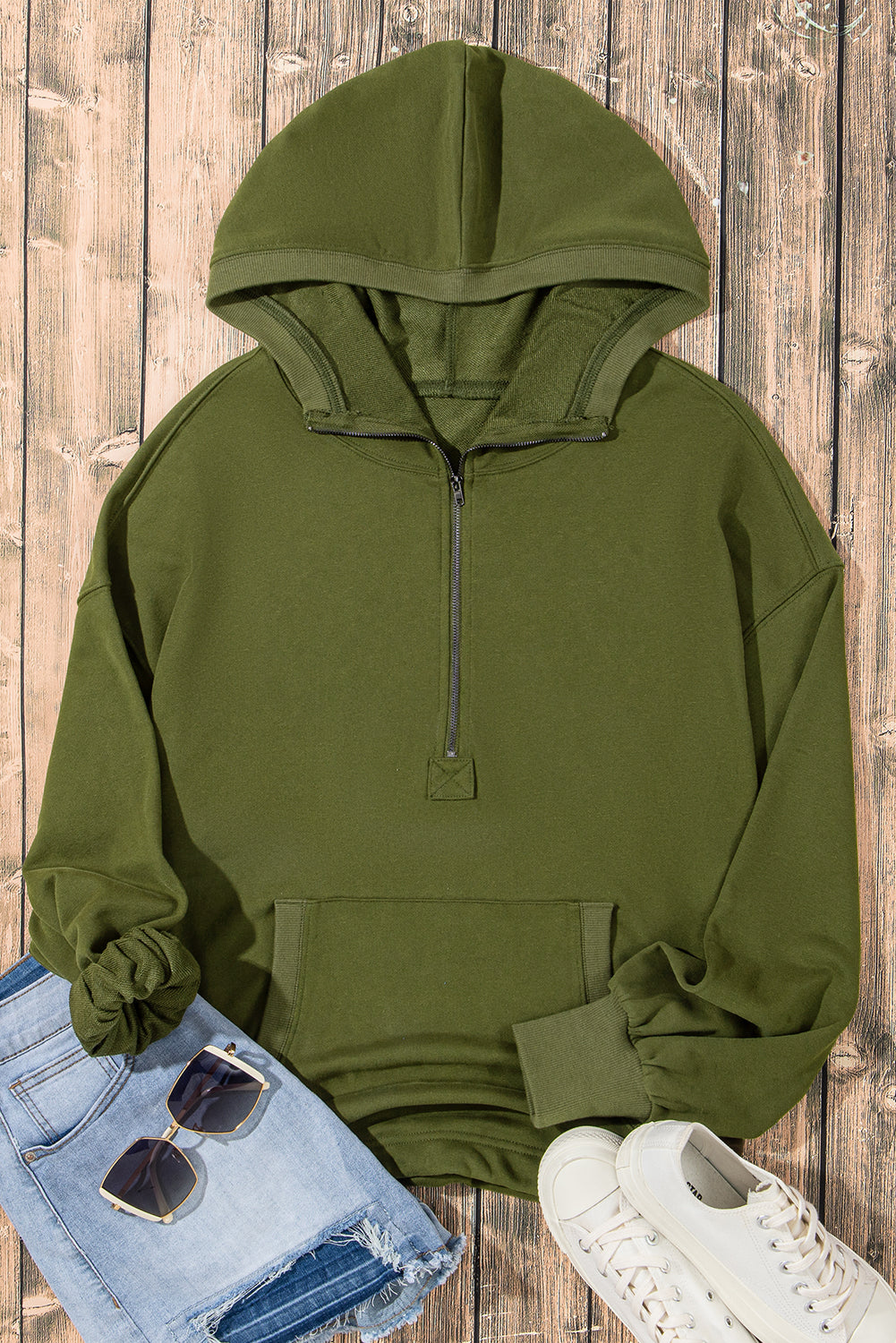 Parchment Solid Kangaroo Pocket Half Zipper Oversized Hoodie