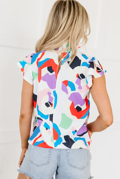 Multicolor Abstract Print Ruffle Sleeve Smocked Blouse