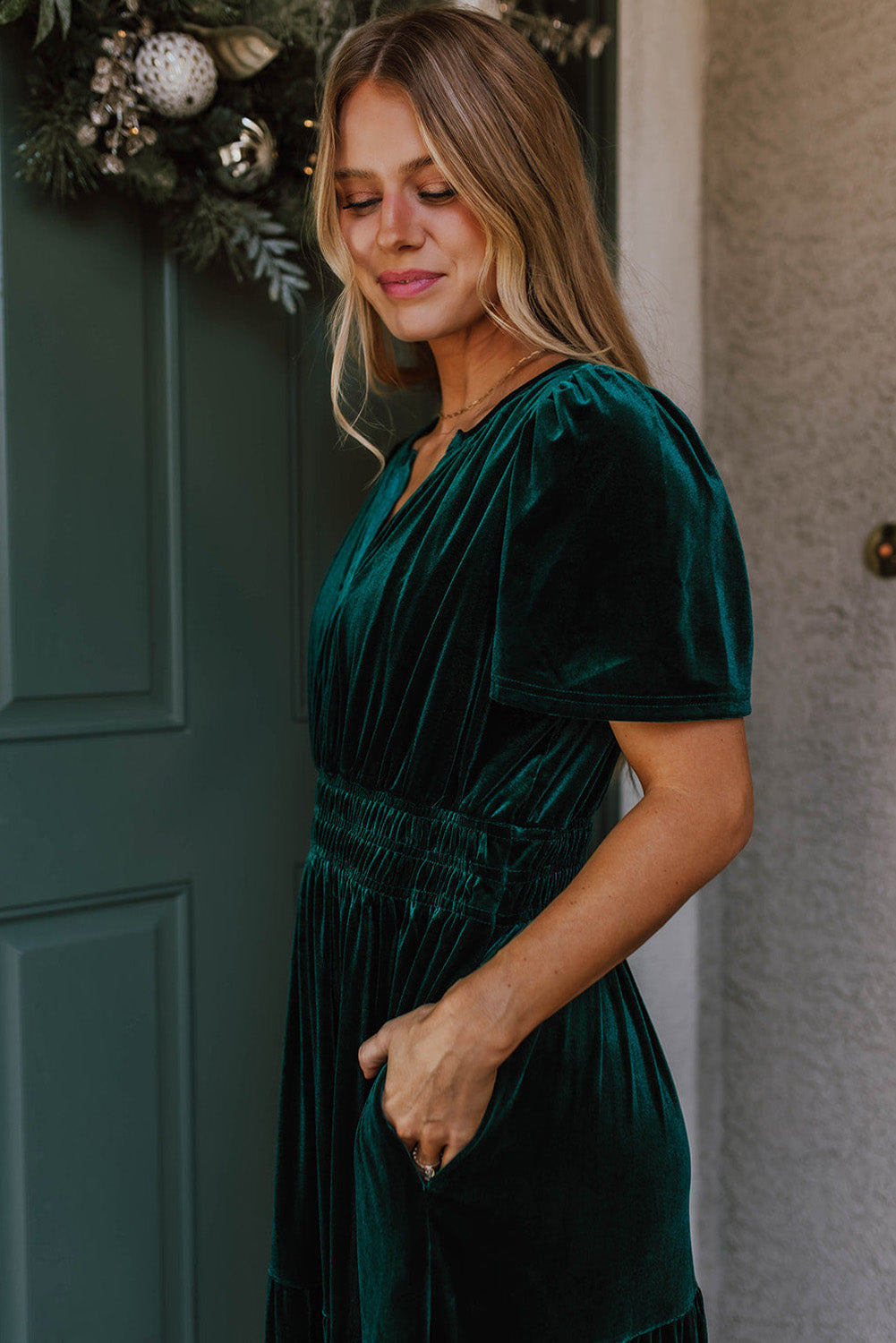 Red Dahlia Velvet Short Sleeve Shirred Waist Tiered Maxi Dress